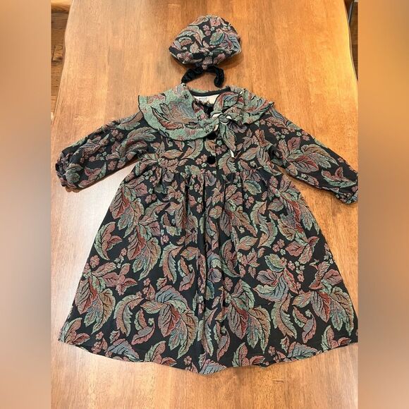 Vintage Floral Tapestry Dress & Bonnet Girls 6 Jacquard Fall Holiday Cottagecore - Picture 3 of 11